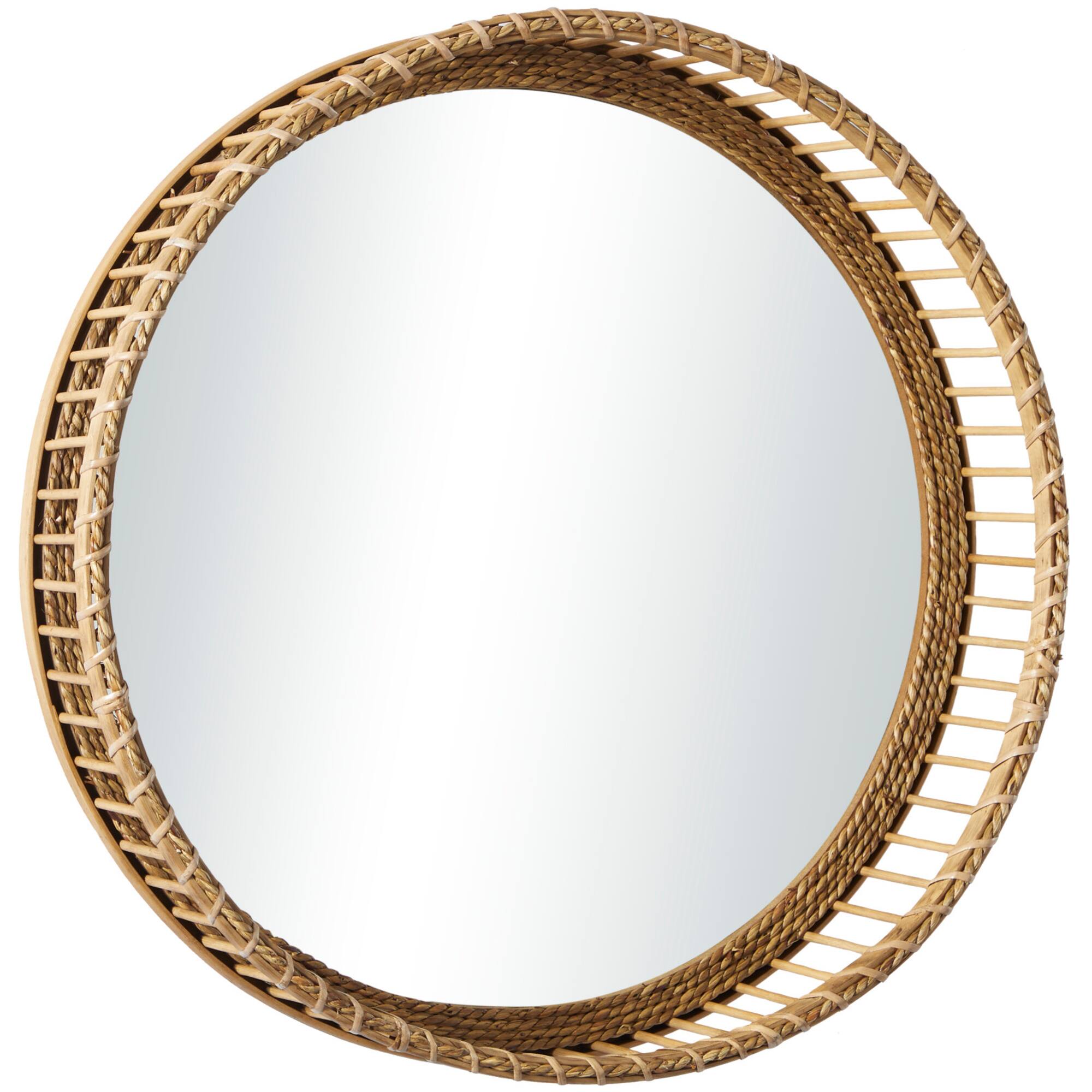 Light Brown Bamboo Handmade Weaved Rattan Wall Mirror 21" x 5" x 21"